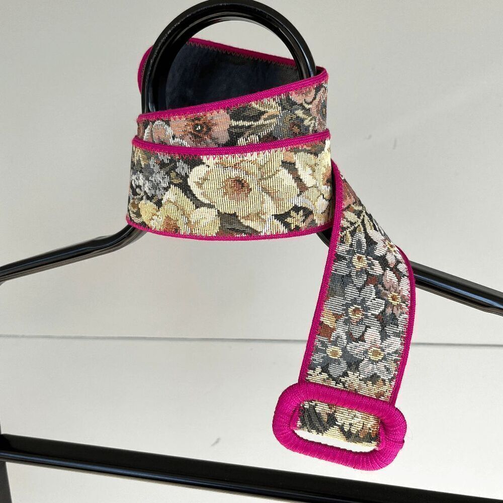 Vintage 80s/90s Floral Tapestry Belt with Pink Trim and Covered Buckle